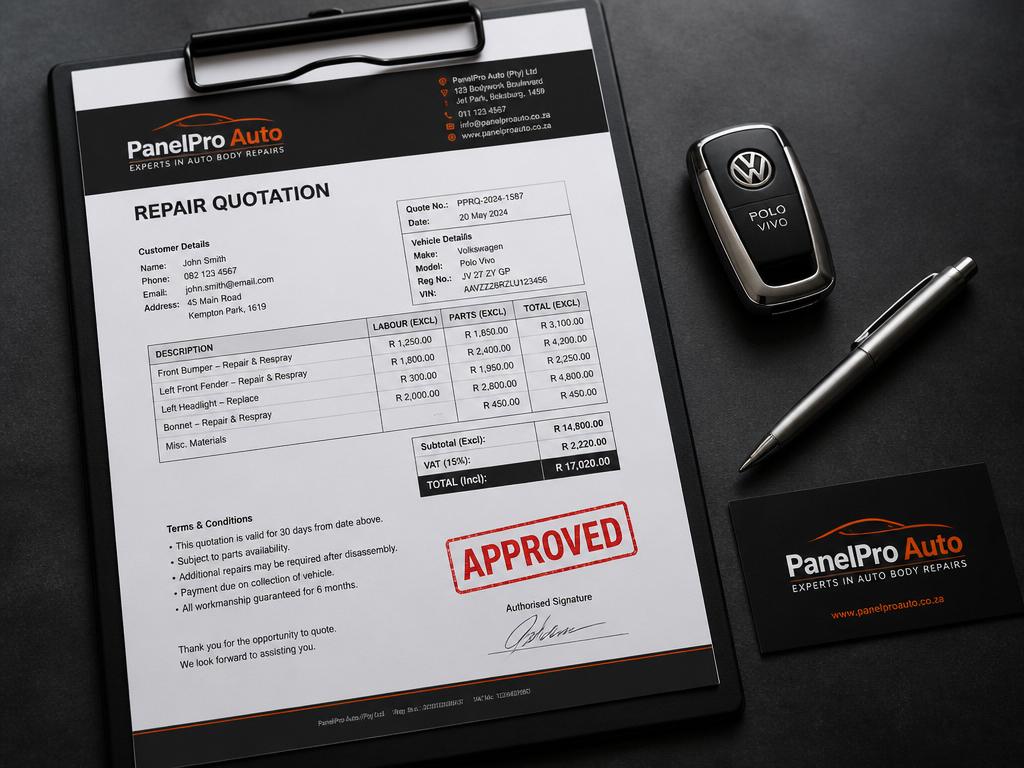 PanelPro Auto repair quotation document with approved estimate